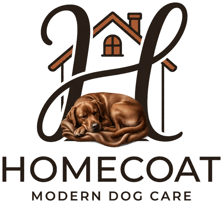 Homecoat logo — a dog sleeping curled inside the calligraphic letter H under a house roof